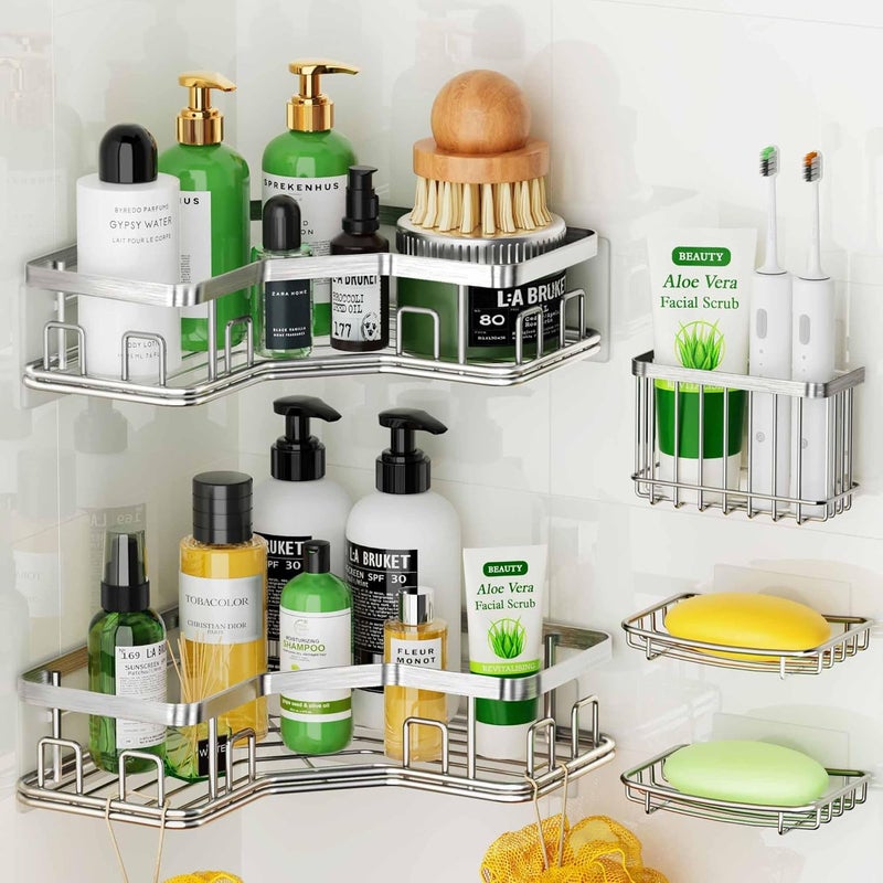 5 Pack X-Large Corner Shower Caddy, with Soap Holder and Toothbrush Holder, Large Capacity No Drilling Stainless Steel Hold 40 LB Shower Organizer Shelf Rack for Family Renter Bathroom, Silver